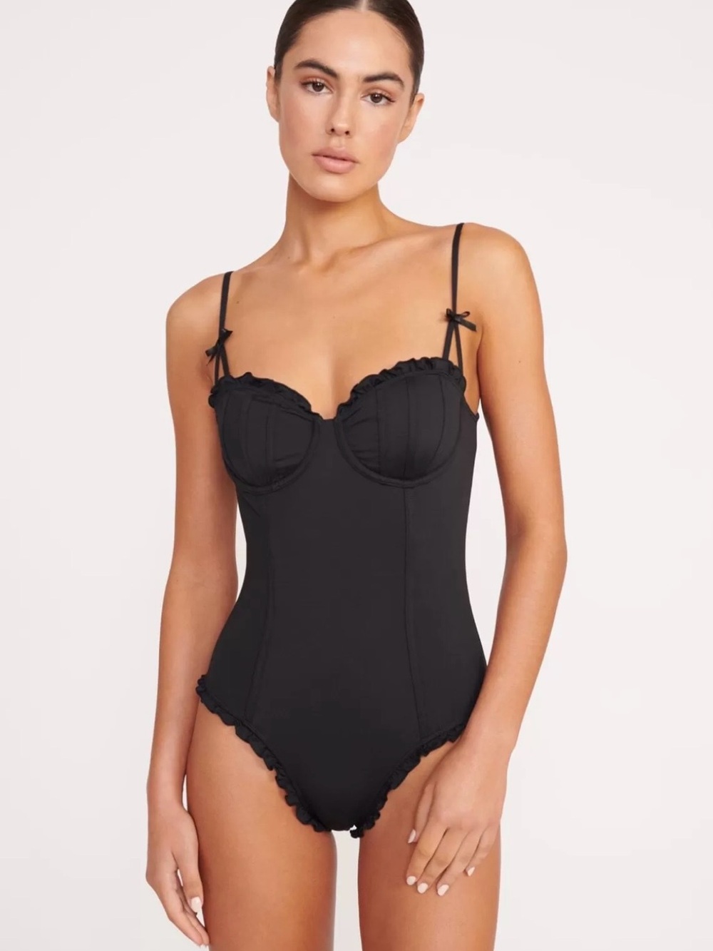 NWT STAUD Swim Gossamer Black One Piece Swimsuit Red Ruffles Size Medium $225